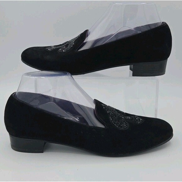 Stuart Weitzman Womens Sz 8 Narrow Lys Crystal Black Suede Fleur-de-lis - Picture 1 of 9